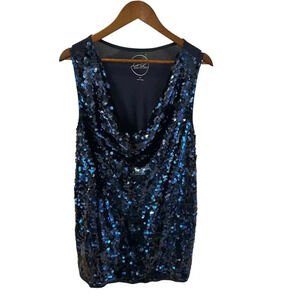 NWT Inc International Concepts Woman Sequined Drape Neck Tank Deep Blue Size 1X